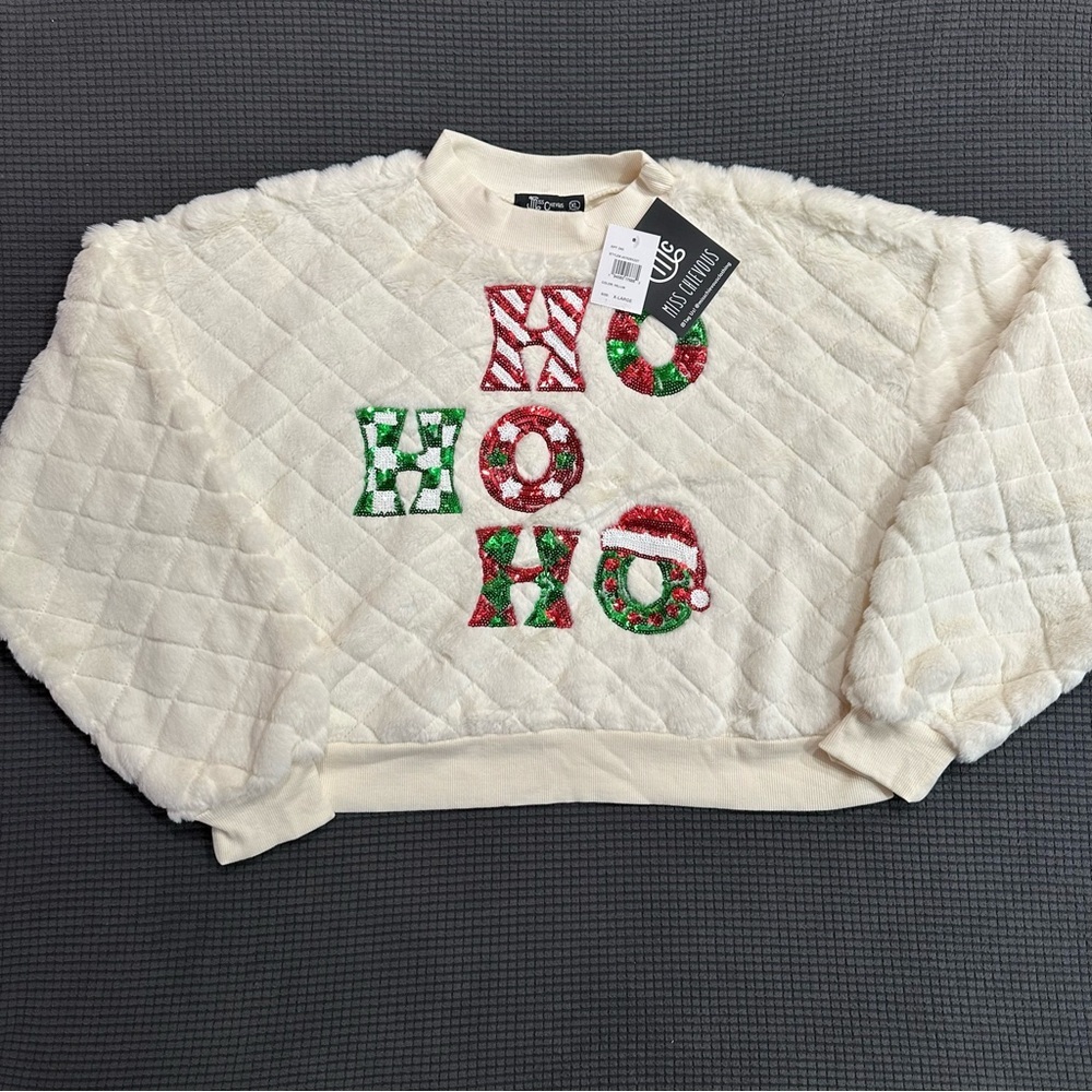 Miss Chievous HO HO HO Sequin Christmas Sweater Ivory XL Fuzzy Quilted Pullover